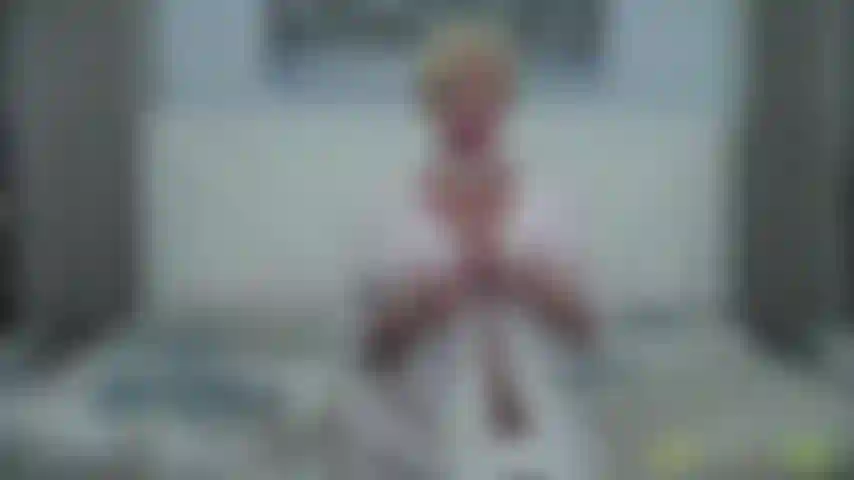 Dirty talk, light robe, naked, white thick dildo play with camera up close.