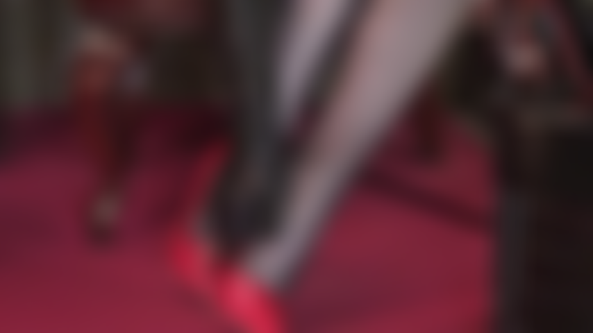 Sensual high heel tease, foot worship in sheer black stockings and light CBT using the heel and riding crop on white uncut dildo.