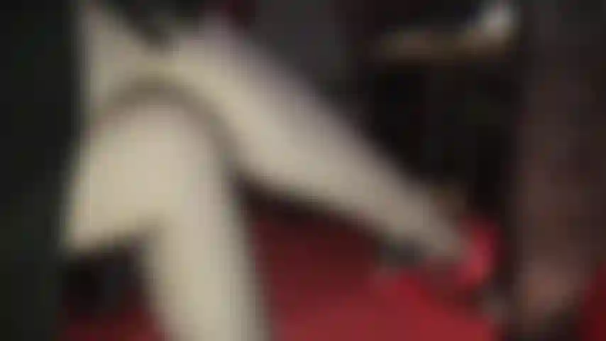 The most beautiful legs in vintage seamed nylon stockings and red high heel stiletto slides.