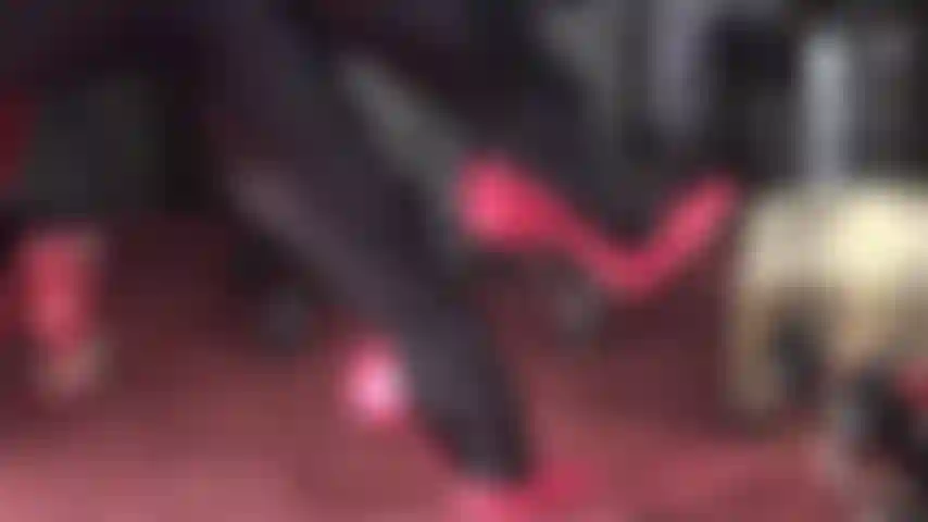 High Heel Worship - Adore Mistress' beautiful feet and crossed legs in opaque black tights and highest red metal stiletto pumps. They deserve all of your cum.