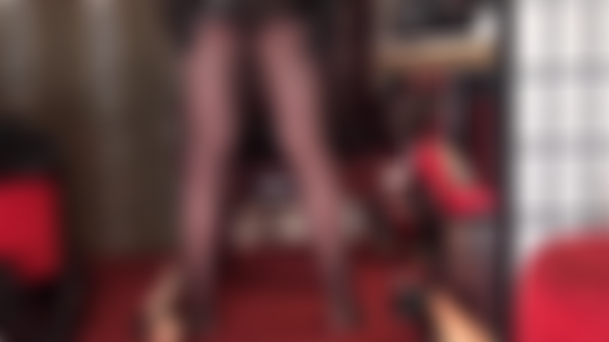 Pantyhose legs from behind. This kind of view is your biggest turn-on... legs from behind with an upskirt view under leather mini, and feet in your face.
