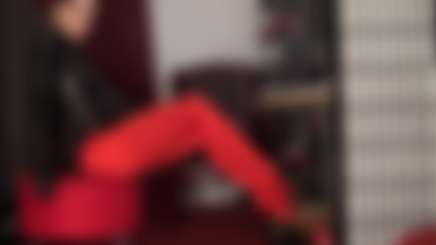 Legs and cleavage - Slow and sensual legs tease in bright red lycra tights and seductive zipper tease of Mistress' bodysuit.