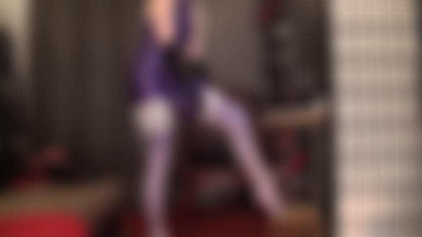 Get on your knees for Mistress' shiny butt, stocking legs and big cock. Strap-on Worship in purple Leohex lycra suit, white lace top stockings, stilettos and satin gloves.