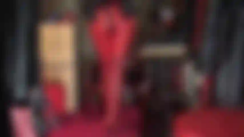 Un cul et une bite - les deux vous rendent tellement excité, en voyant les magnifiques fesses rondes de la maîtresse dans des leggings rouges serrés avec son énorme strapon noir qui pend.