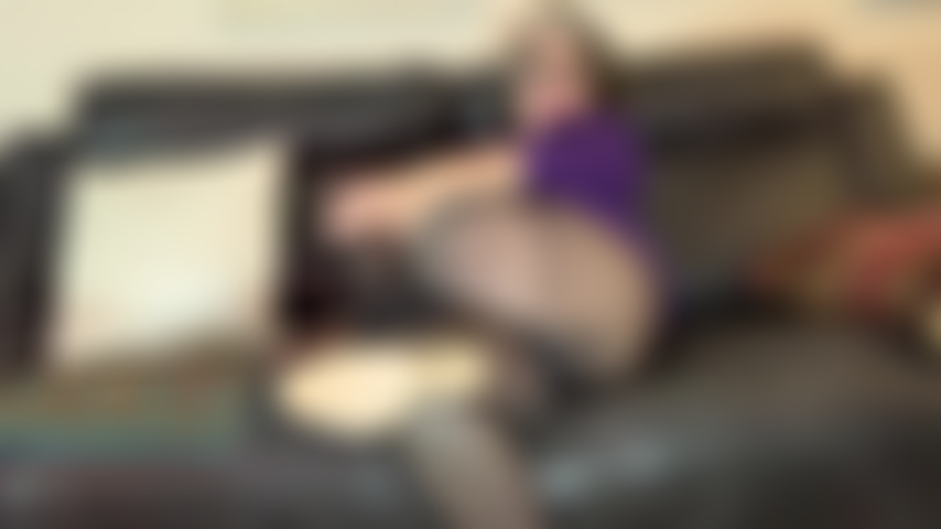 leg action in heels and pantyhose black sheer.On couch rip open top and petrabate with hole in crotch.